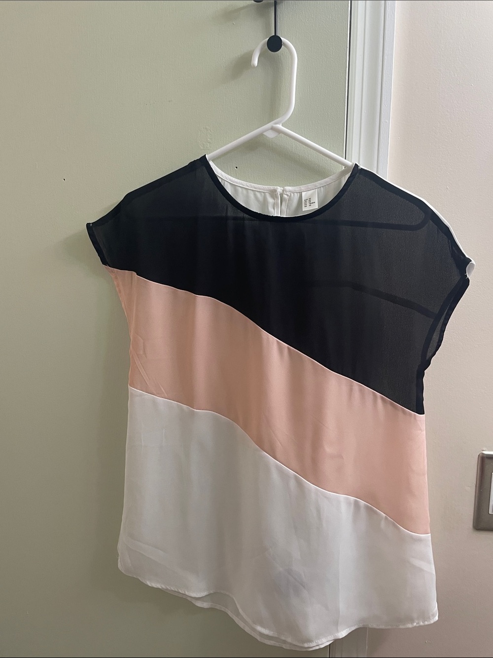 Colorblock Cap-Sleeve Blouse in Black, Blush, and White